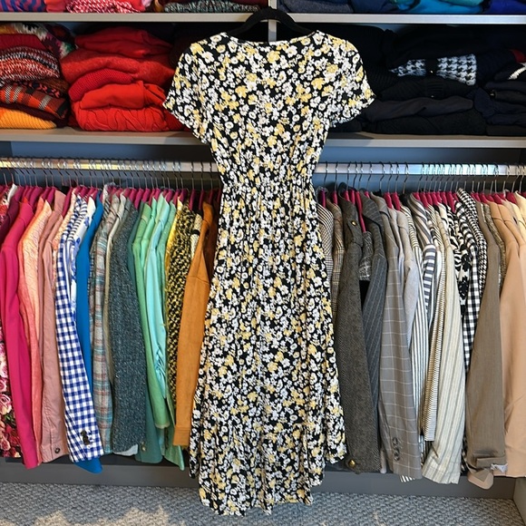 Abercrombie & Fitch black/yellow/white cut out front tie hi low midi dress XS - Picture 3 of 3